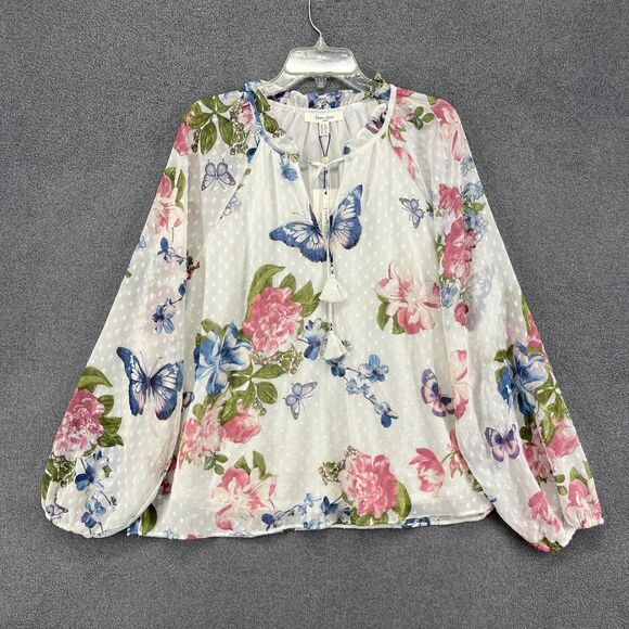 Haver & Blair London Top XL White Boho Floral Butterfly Blouse Tassel‎ Neck Tie - Picture 1 of 16